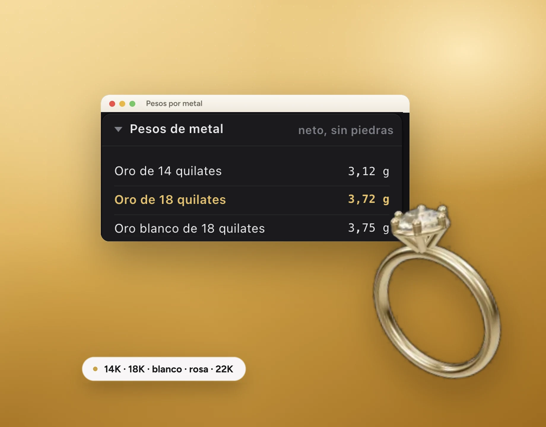Panel de pesos por metal de Kumpix: el peso del mismo modelo en distintos quilatajes