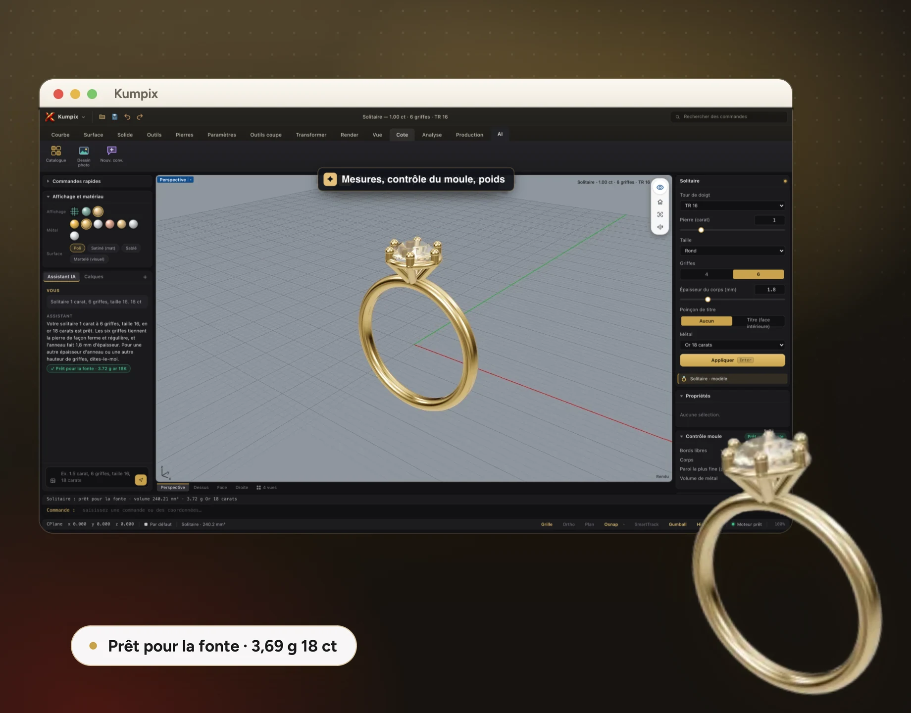 Assistant IA Kumpix : une bague solitaire dessinée à partir d’une commande d’une phrase