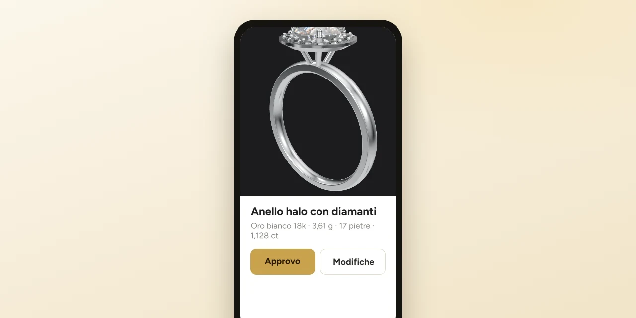 Pagina di approvazione cliente di Kumpix: modello 3D e pulsanti di approvazione su un telefono
