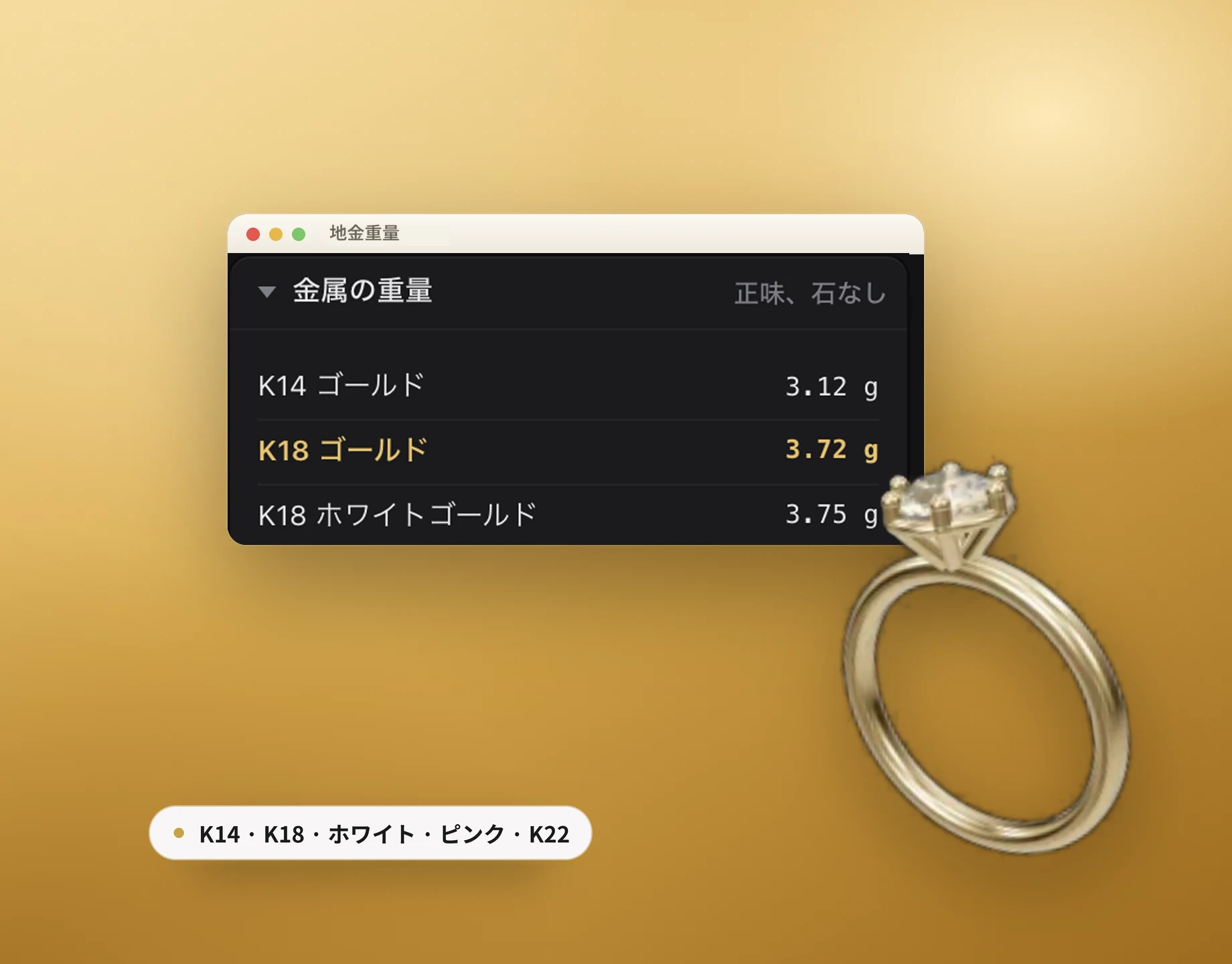 Kumpixの地金重量パネル:同じモデルの品位ごとの重量